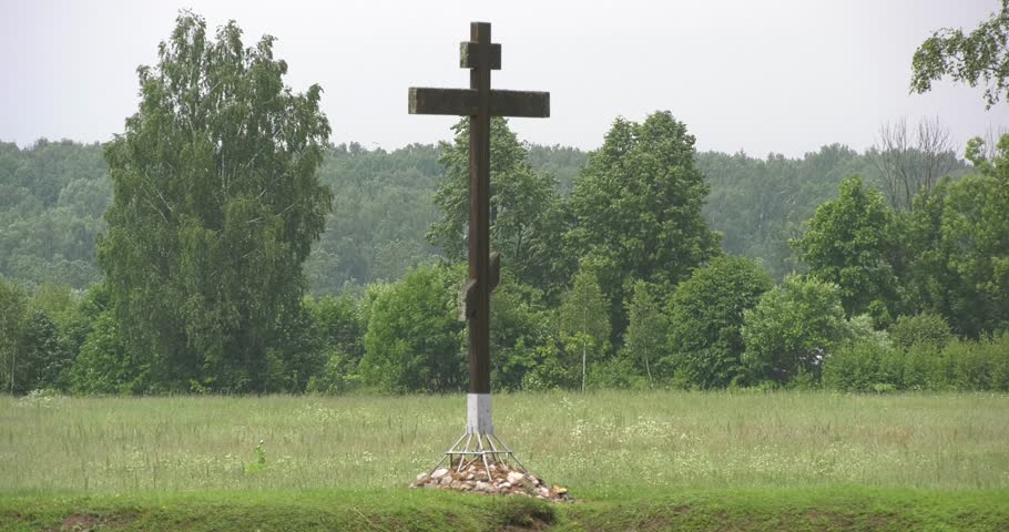 4K high quality video footage view of historical area of 1812 war military memorials near Spaso-Borodinski monastery, green fields at Borodino 120 km west of Moscow, capital of Russia on summer day