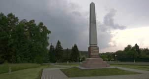 4K high quality video footage view of historical area of 1812 war military memorials near Spaso-Borodinski monastery, green fields at Borodino 120 km west of Moscow, capital of Russia on summer day