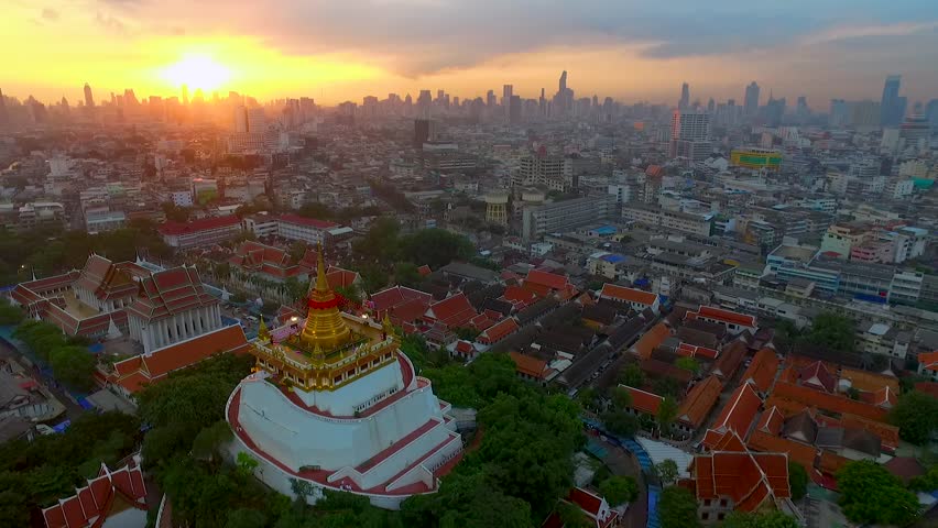 Aerial View at Golden mountain (phu khao thong), an ancient pagoda at Wat Saket temple in Bangkok, Thailand Royalty-Free Stock Footage #30534841