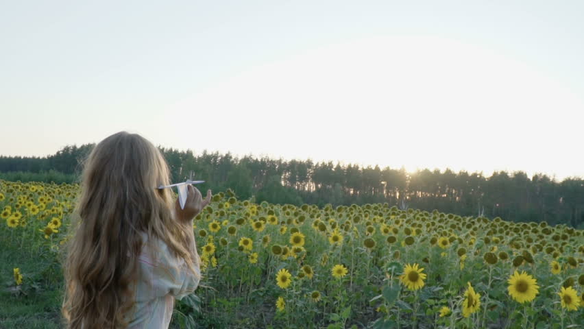 Little girl throws paper airplane in sunflowers field