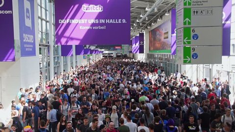 Many people on the boulevard connecting all the fair halls. The gamescom is the world's largest gaming fair and has been held since 2009 in Cologne. Shot on 25 August 2017. 