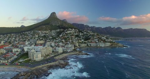 Aerial of Lion's Head and Table Mountain with Ocean in Cape Town