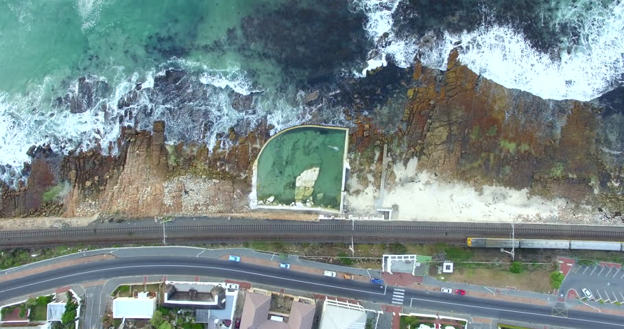 Aerial View of Train and Tidal Pool in Kalk Bay, Cape Town