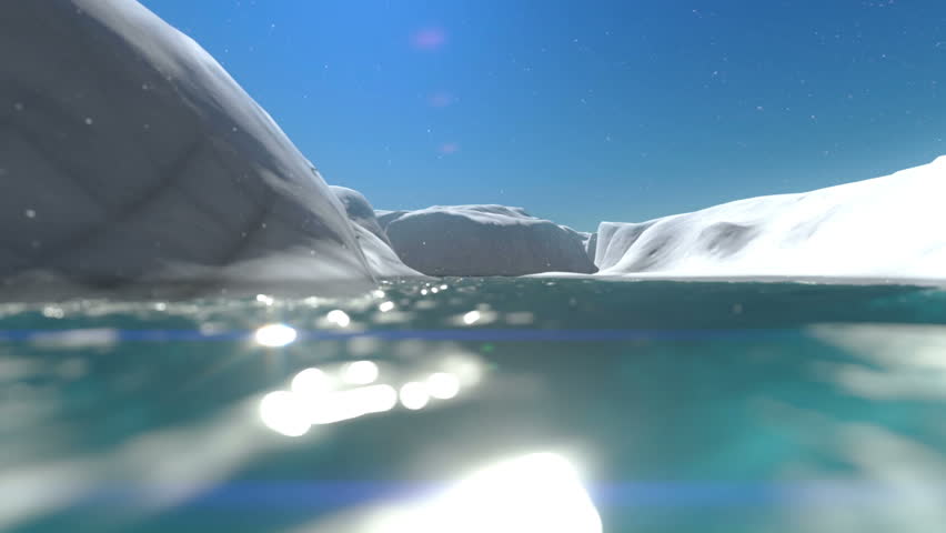 Flying over frozen mountains and icebergs around a river