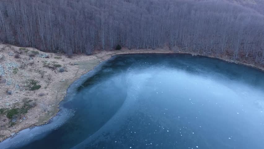 Aerial shot, white frozen wood in the mountains, filmed with drone, 4K