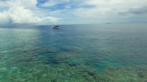 A birds eye view shot of an ocean and coral reef underwater. Shot tilts up to show 