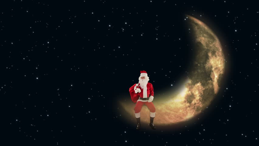 Santa Claus sitting on Moon and waiting for Reindeer, twinkling stars
