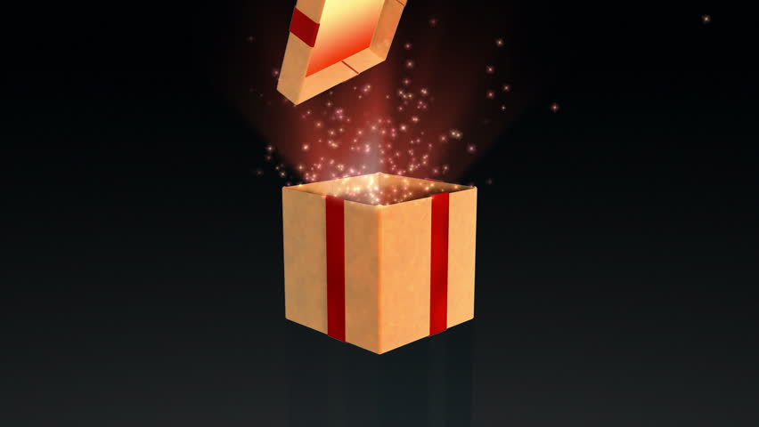 Gift box opening lid to present a virtual product with sparkles, on black