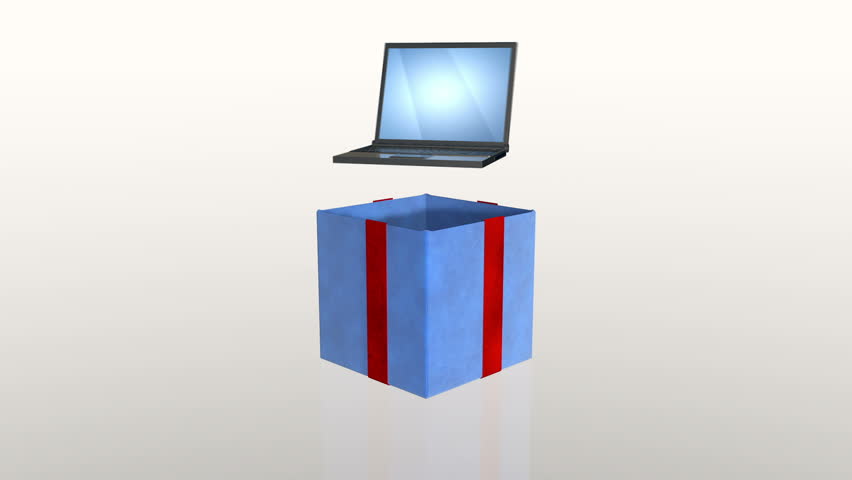 Gift box opening lid to present a laptop, against white