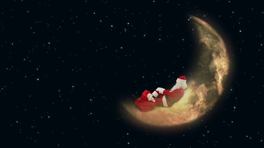 Santa Claus resting on Moon and waiting for Reindeer