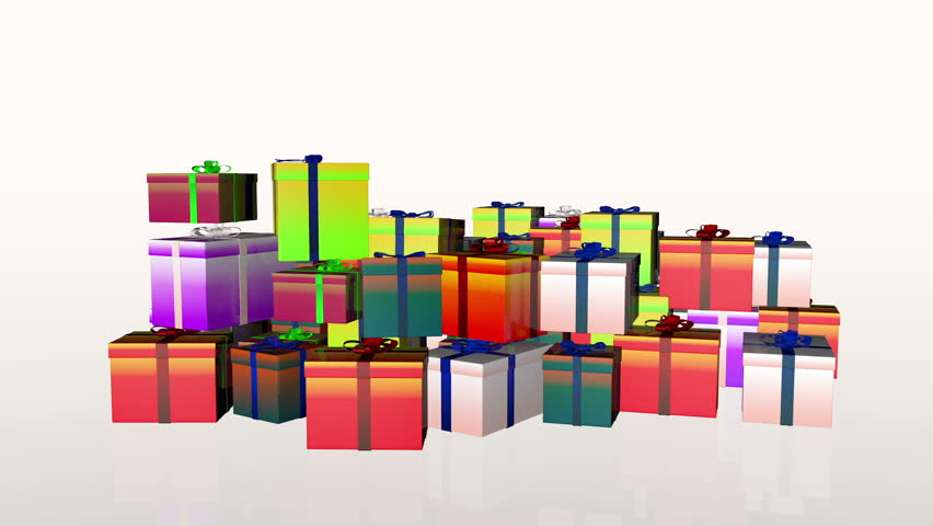 Magically piling up gift boxes, against white