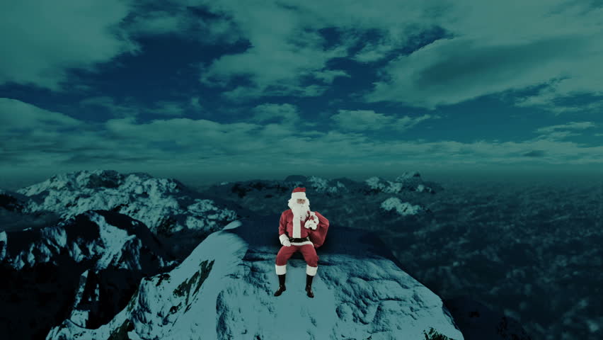 Santa Claus on top of Snowy Mountain looking for the Reindeer