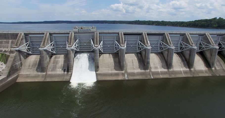 Aerial of Robert S Kerr reservoir Dam in Oklahoma. 4k 