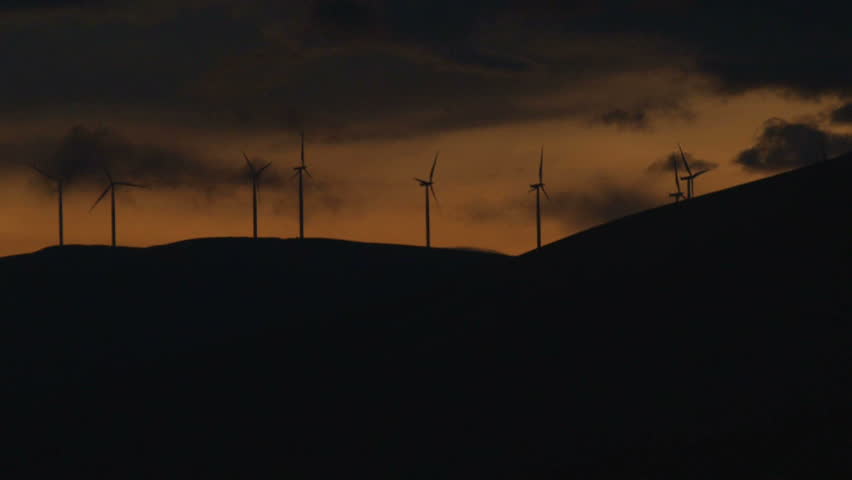 Many wind turbines spinning along hillside in Washington at sunset.