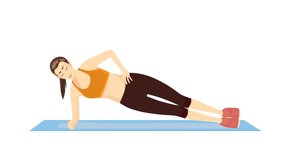 Woman doing a Side Oblique Crunch for abdominal workout on blue mat. This Video about fitness.