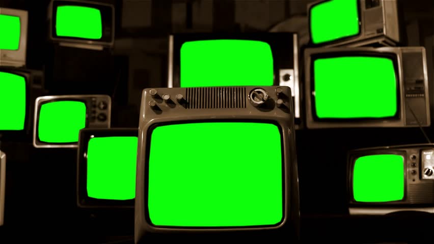Vintage TVs Green Screen. Sepia Tone. Aesthetics of the 80s. You can Replace Green Screen with the Footage or Picture you Want with “Keying” Effect (Check out Tutorials on YouTube). Royalty-Free Stock Footage #30573991