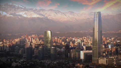 Santiago de Chile at Sunset, the Andes Mountains in the Background. 