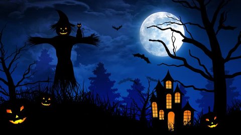 Halloween background animation with the concept of Spooky Pumpkins, Moon and Bats and Scarecrow and Haunted Castle.