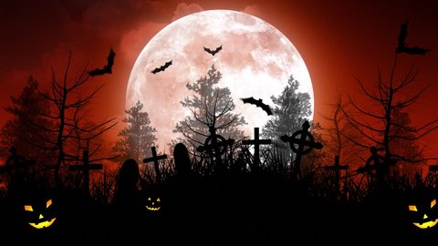 Halloween background animation with the concept of Spooky Pumpkins, Moon and Bats and Cemetery.