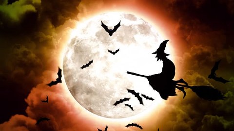 Halloween background animation with the concept Moon and Bats and Flying Witches