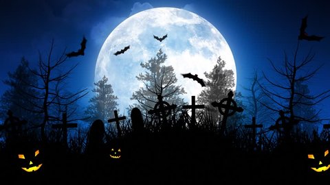 Halloween background animation with the concept of Spooky Pumpkins, Moon and Bats and Cemetery.