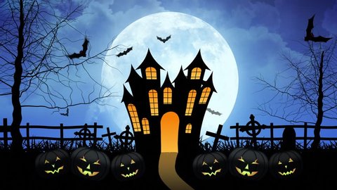 Halloween background animation with the concept of Spooky Pumpkins, Moon and Bats and Cemetery and Haunted Castle.