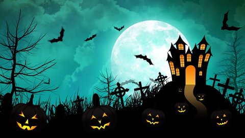Halloween background animation with the concept of Spooky Pumpkins, Moon and Bats and Haunted Castle.