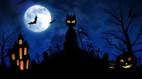 Halloween background animation with the concept of Spooky Pumpkins, Moon and Bats and Haunted Castle and scary cat.