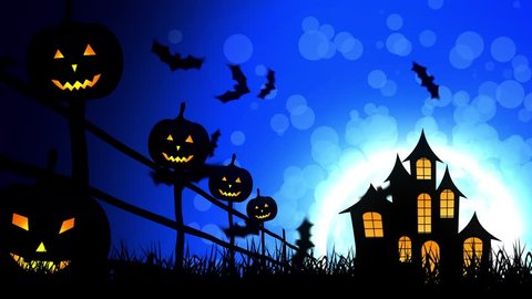 Halloween background animation with the concept of Spooky Pumpkins, Moon and Bats and Haunted Castle.
