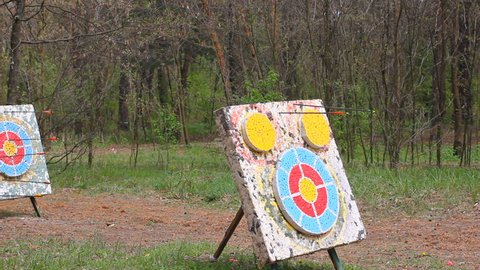 an entertaining playground for children and adults for archery. In the middle of the trees there are targets for arrows. Arrows stick to the target. Trainer hits female hand holding aiming bow and