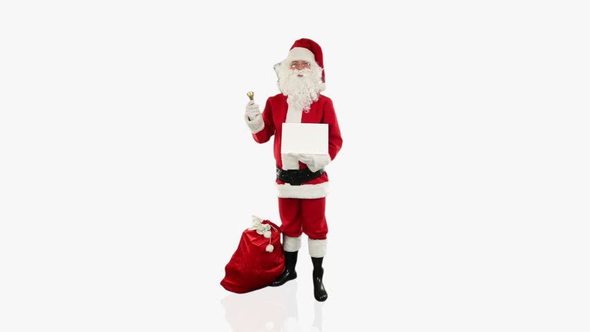 Santa Claus presenting a white sheet, against white