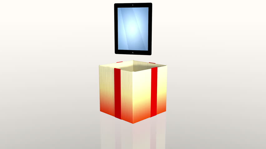 Gift box opening lid to present a tablet, against white