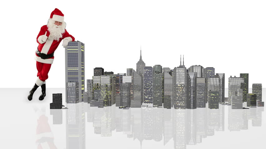 Santa Claus magically building a modern city, against white