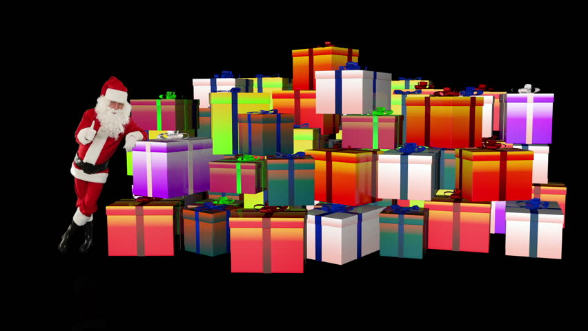 Santa Claus magically piling up gift boxes, against black