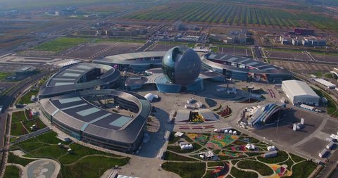 Astana. Kazakhstan. August 29, 2017. Aerial view. Flight over the territory of the international exhibition expo 2017. Have a review of foreign pavilions, as well as the central pavilion "Nur-Alem"