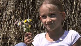 Child Portrait Smelling Field Flowers at Village Country Girl Outdoor Nature 4K