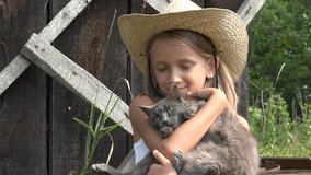 Child Playing Cat in Garden Laughing Girl Portrait with Kitten, Animal Pets 4K 