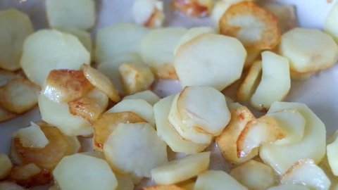 Closeup Frying potato on pan