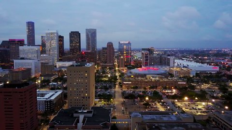 Downtown Houston aerial drone video with a view of the Toyota Center