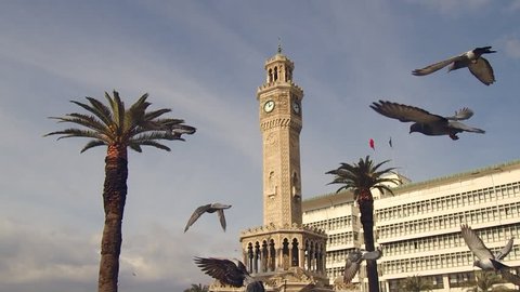 Slow Motion Flying Birds Around Izmir Clock Tower