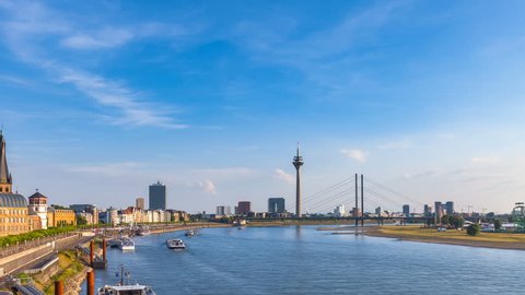 Cityscape of Dusseldorf over the Rhine river in a sunny summer day