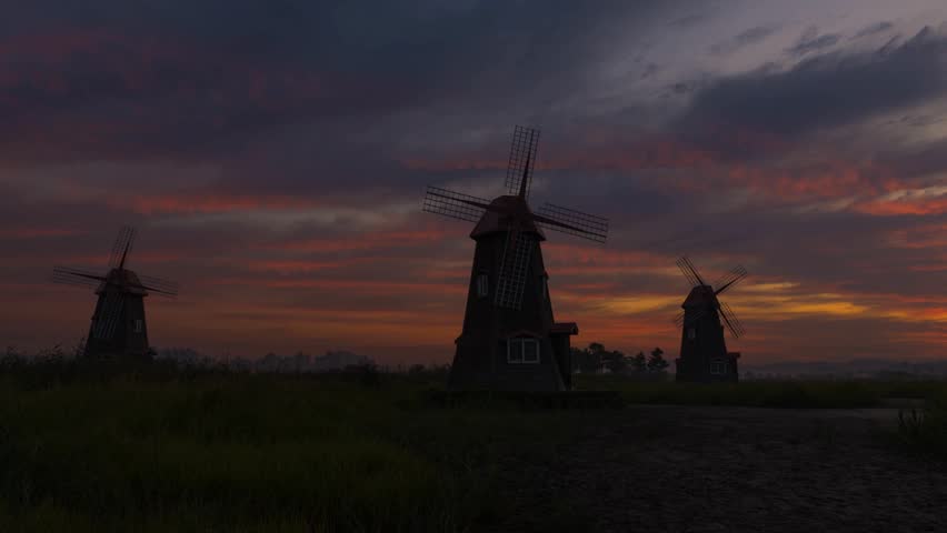 Korea landscape Beautiful sunrise and traditional windmills, incheon South Korea, Sorae ecology wetland park