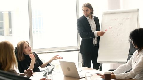 Confident businessman giving drawing presentation on flipchart to colleagues in boardroom, executive manager showing explaining new company strategy, business coach training employees in office