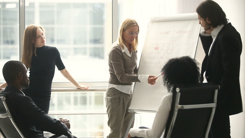 Female manager presents new project plan to colleagues at meeting, explaining ideas on flipchart to coworkers in office, businesswoman gives presentation, discussing ideas with diverse business team Royalty-Free Stock Footage #30610963
