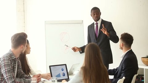 African businessman gives presentation to multi-ethnic group, works with flip chart, explains project charts on whiteboard, black business coach training employees, speaks about new marketing trends