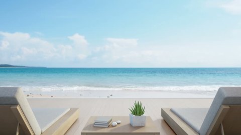 Sea view from terrace and beds in modern luxury beach house with blue sky background, Lounge chairs on wooden deck at vacation home or hotel - 3d rendering of tourist resort