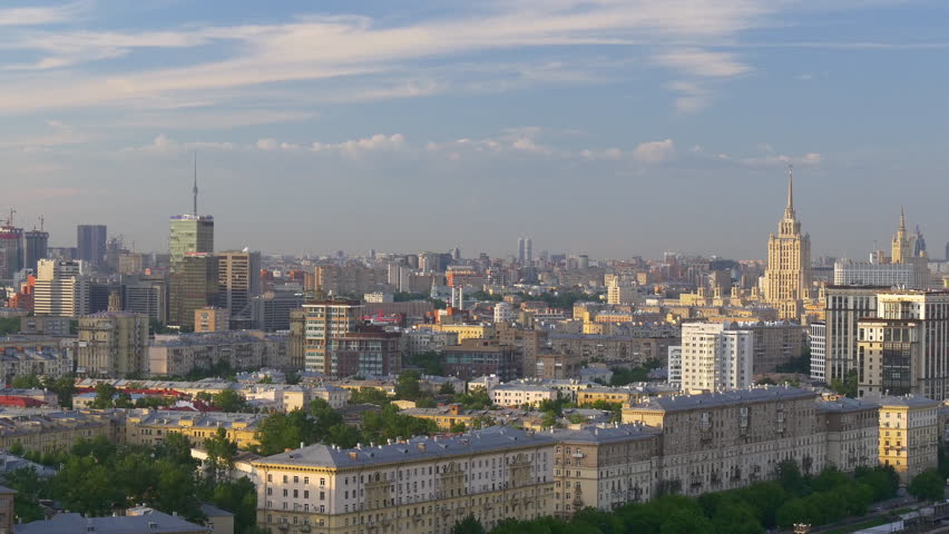 sunset summer evening moscow cityscape aerial rooftop panorama 4k russia