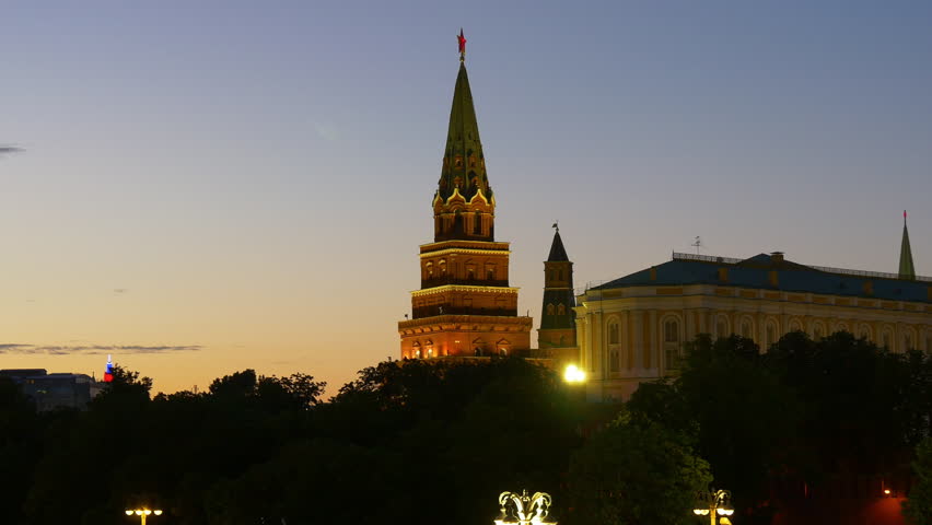 sunset sky night time moscow river kremlin tower top panorama 4k russia