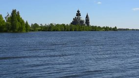 Onega Lake and view to  Kizhi Pogost, ancient wooden religious architecture in Russia