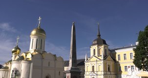 4K high quality video of Sergiev Posad medieval Troice-Sergiev's Lavra complex of churches, cathedrals, walls, roads and area around in small town 70 km east of Moscow, Russia on summer morning